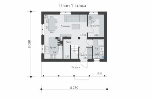 Одноэтажный жилой дом с мансардой и террасой