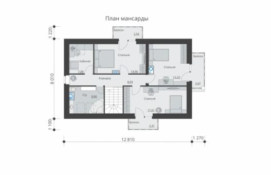 Одноэтажный жилой дом с мансардой, террасой и балконами