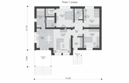 Одноэтажный дом с тремя спальнями, кухней-гостиной и вторым светом